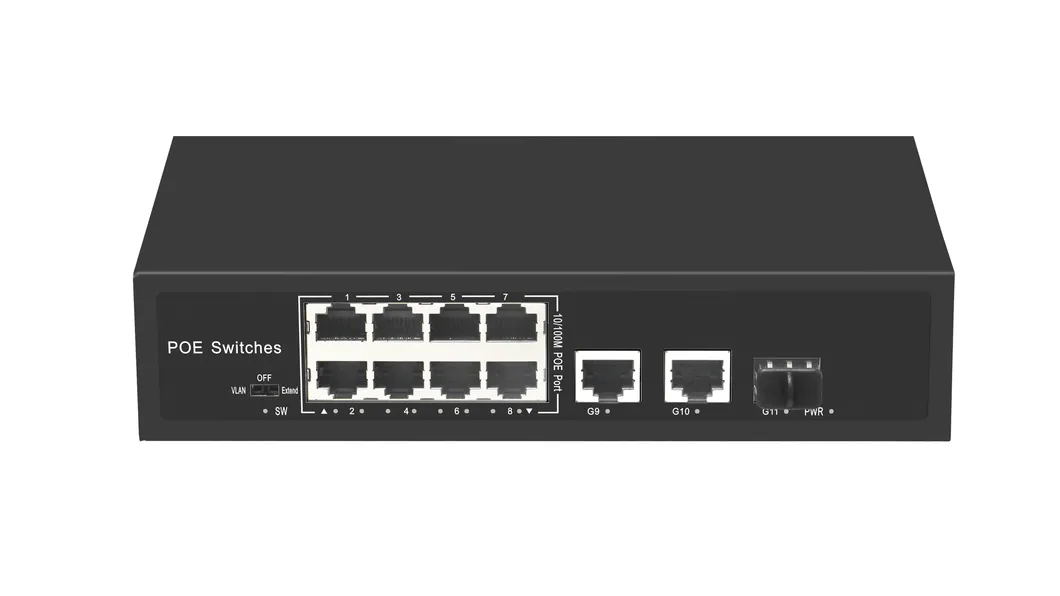 8 Ports 100m Poe Switch with 2 Ports 1000m Uplink and 1 Giga SFP Fibre Port