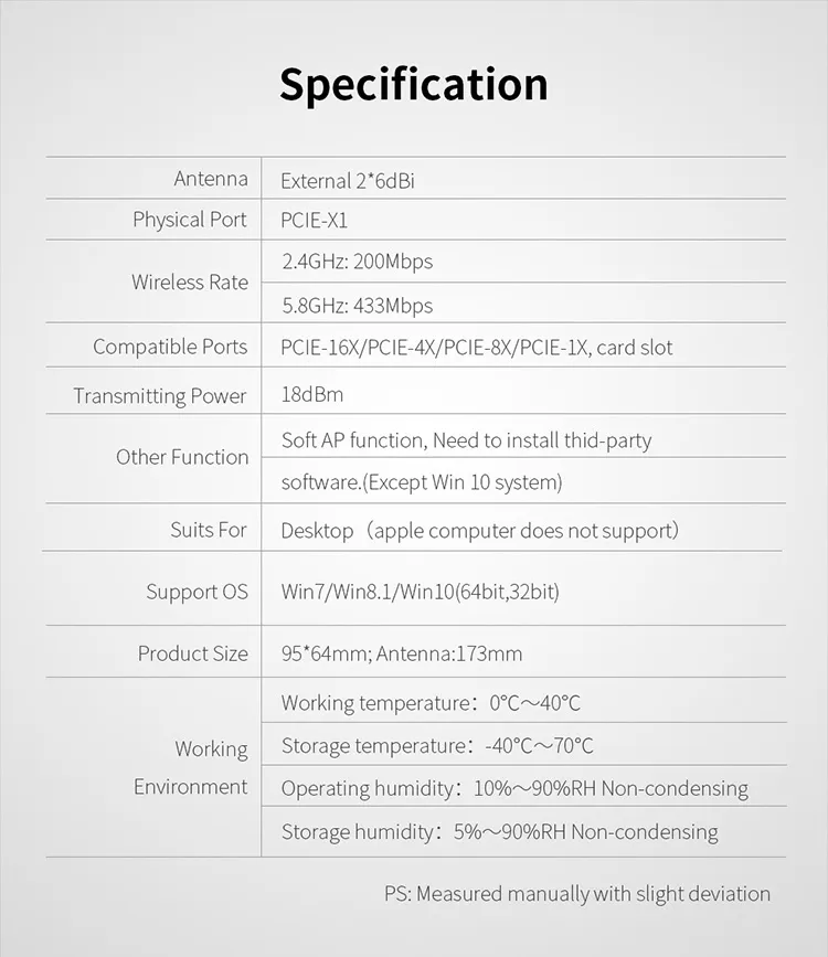 CF-Wp650 V2 Wireless Dongle Pcie WiFi Card 650Mbps AC Dual Band Ethernet Network Adapter 2*6dBi Antennas