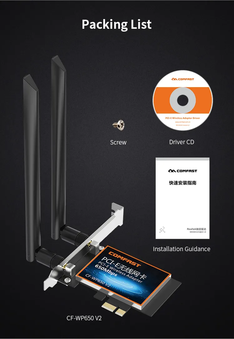 CF-Wp650 V2 Wireless Dongle Pcie WiFi Card 650Mbps AC Dual Band Ethernet Network Adapter 2*6dBi Antennas