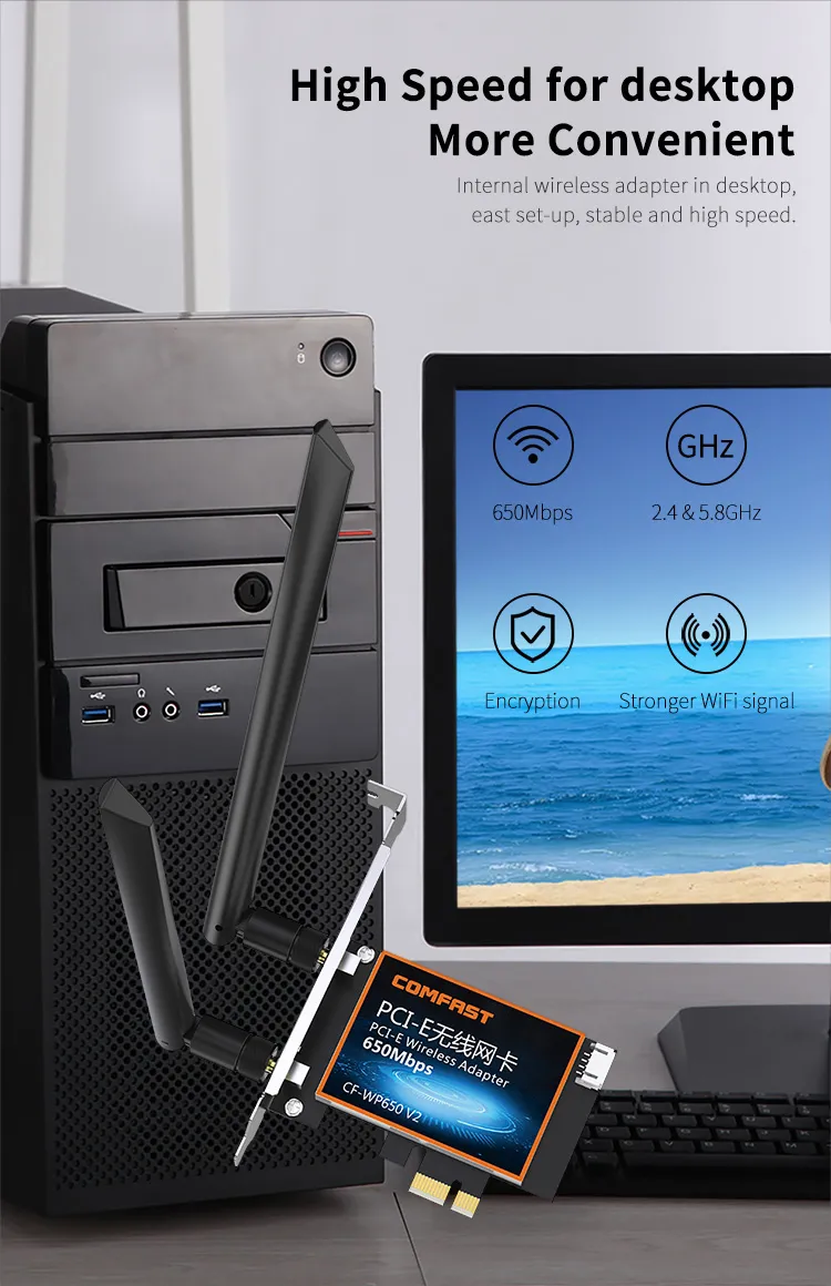 CF-Wp650 V2 Wireless Dongle Pcie WiFi Card 650Mbps AC Dual Band Ethernet Network Adapter 2*6dBi Antennas