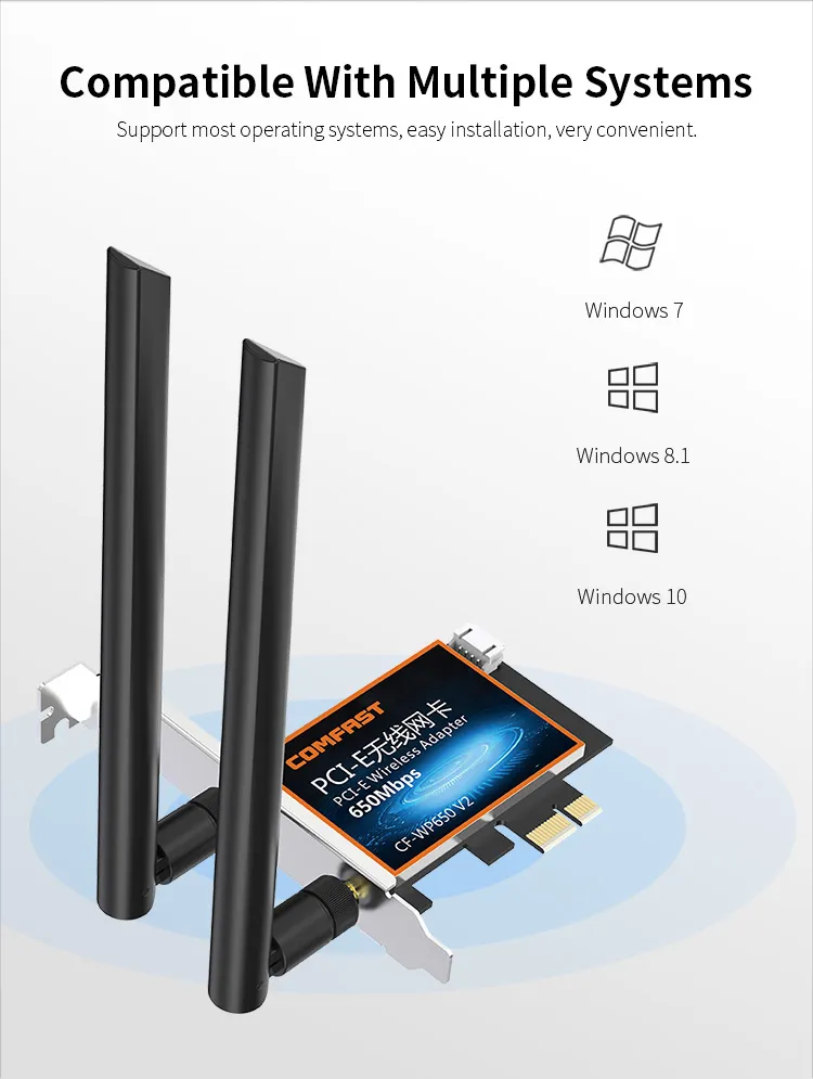 CF-Wp650 V2 Wireless Dongle Pcie WiFi Card 650Mbps AC Dual Band Ethernet Network Adapter 2*6dBi Antennas