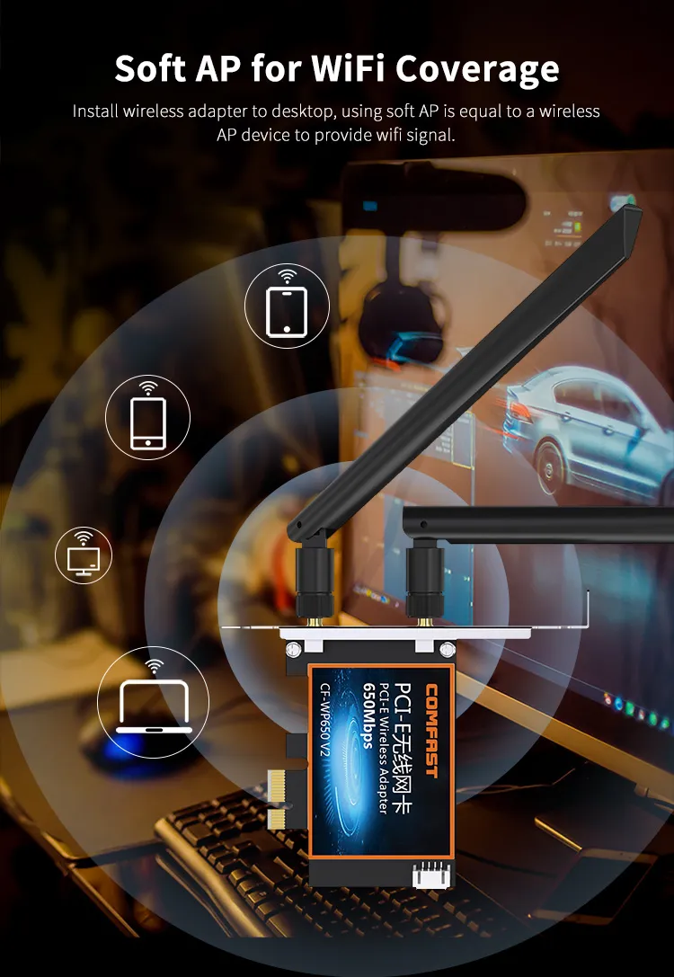 CF-Wp650 V2 Wireless Dongle Pcie WiFi Card 650Mbps AC Dual Band Ethernet Network Adapter 2*6dBi Antennas