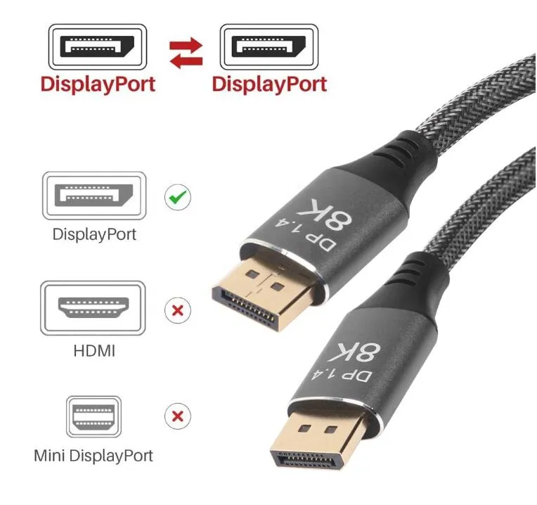 High Quality Displayport 2.0 54G Cable 8K 60Hz 1m 1.5m 1.8m 3m