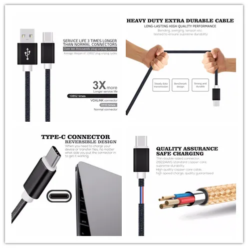 USB Am to Type C Nylon Braided USB Cable for Charge and Data, Syncing Android Smartphones,